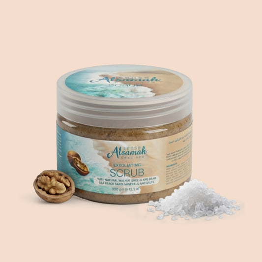 Sand exfoliant, walnut shells, and Dead Sea salts