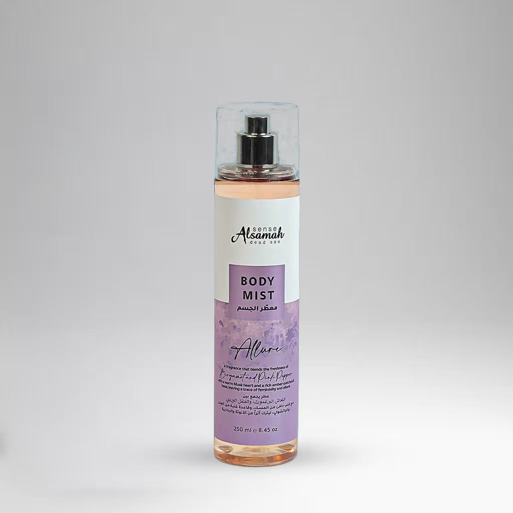 Body mist bottle with a purple label on a gray background