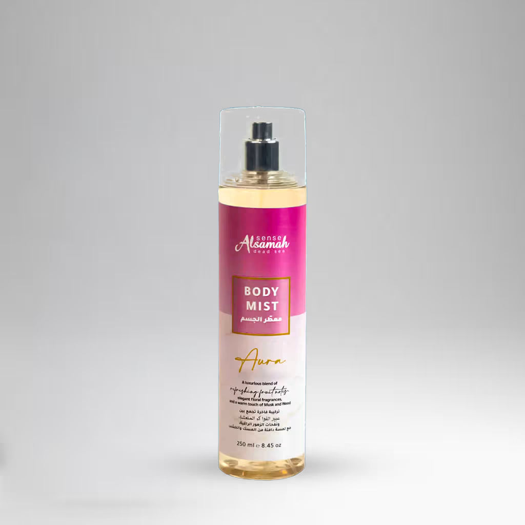 Body mist bottle with pink label on a gray background