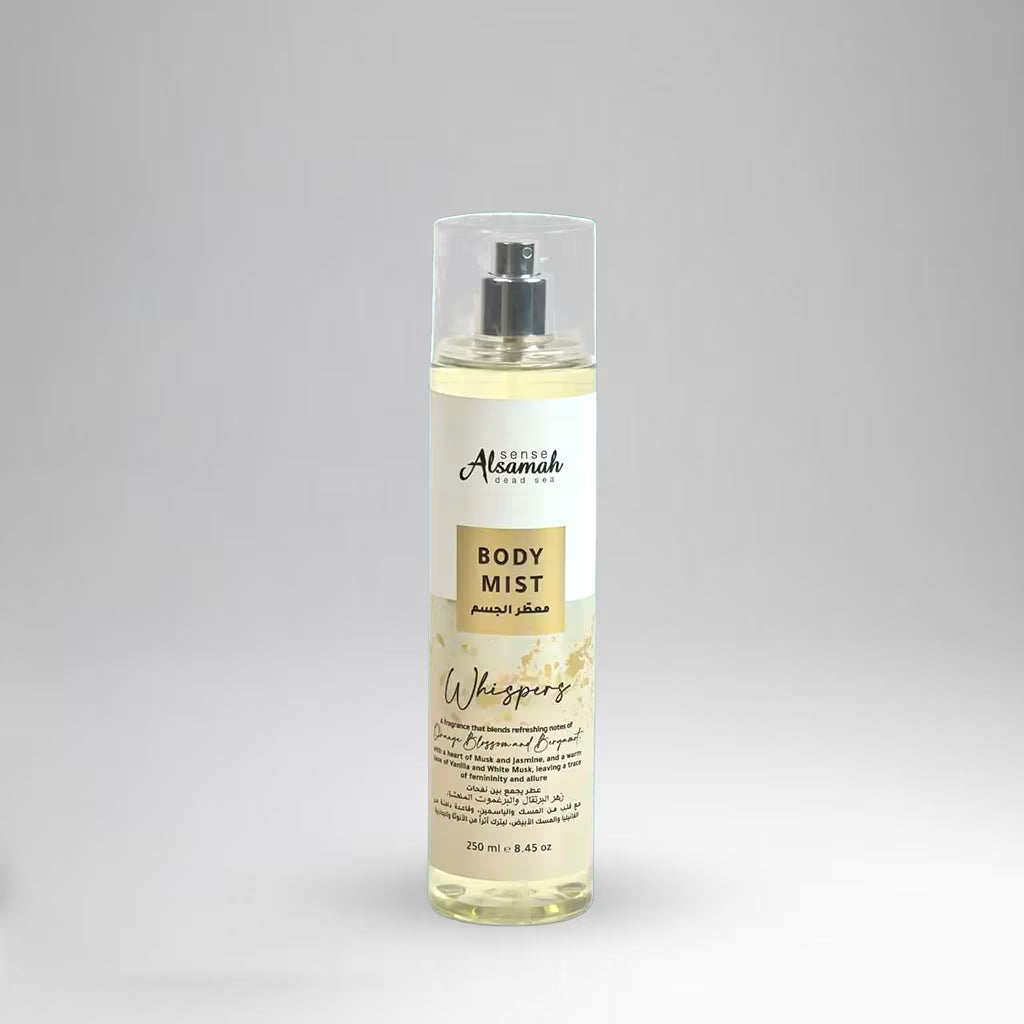 Body mist bottle with a label on a gray background