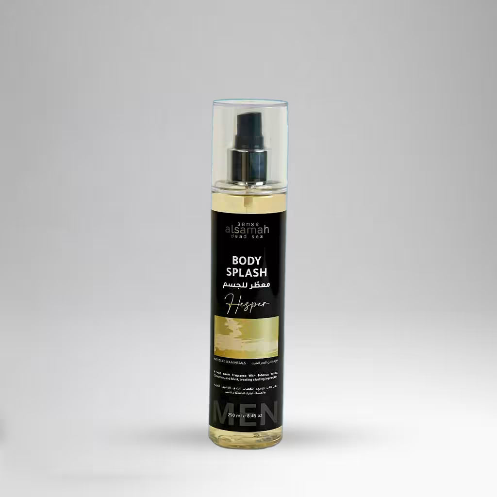 Body splash bottle with black label on a gray background