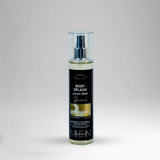 Body splash bottle with black label on a white background
