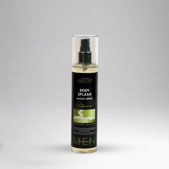 Body splash spray bottle with a black label on a gray background