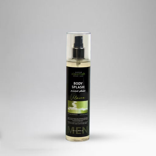 Body splash spray bottle with a black label on a gray background