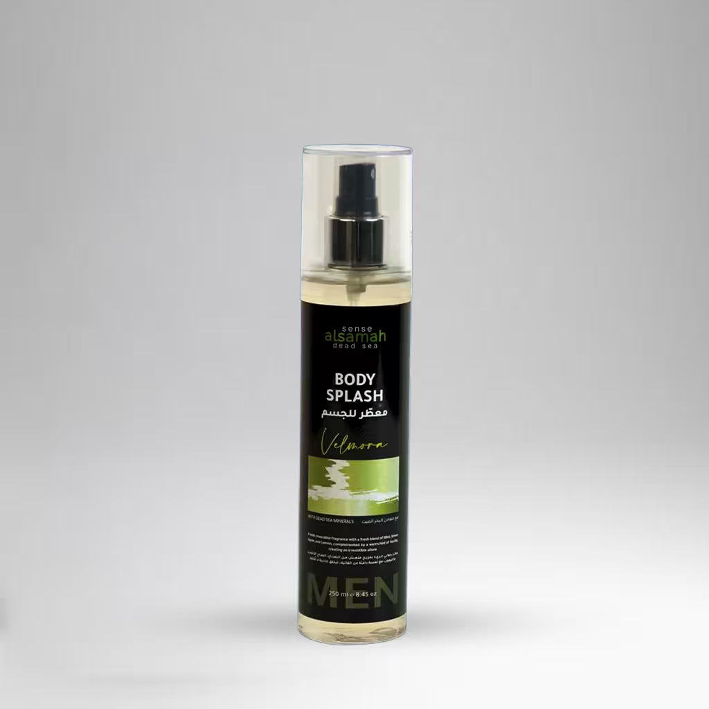 Body splash spray bottle with a black label on a gray background