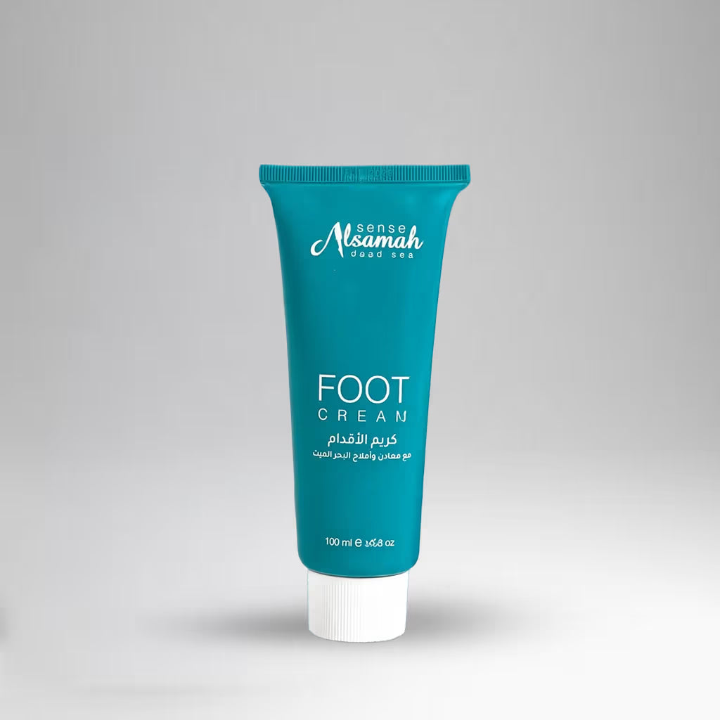Blue tube of foot cream with white text on a gray background
