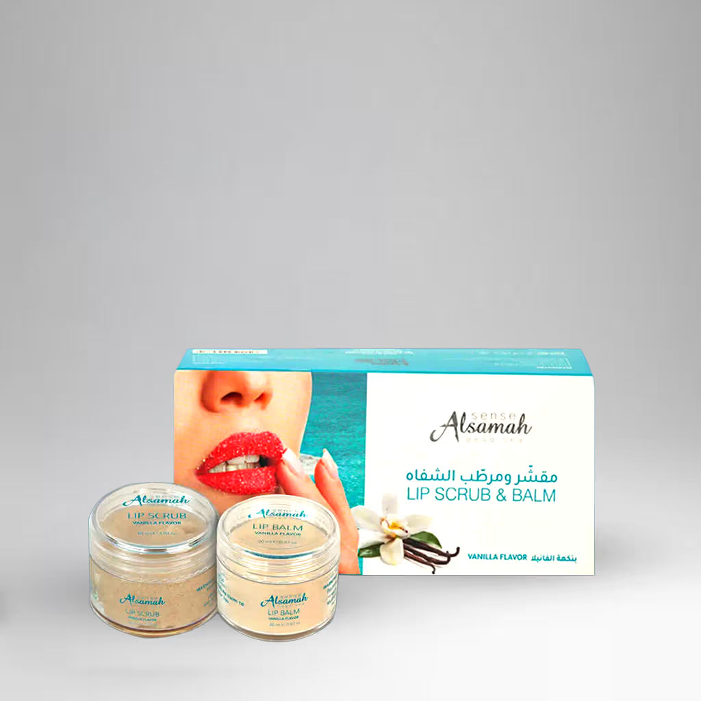 Lip scrub and balm set with packaging featuring a woman's lips and flowers on a gray background.